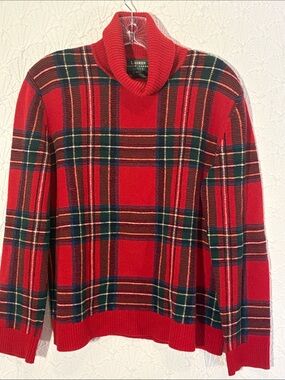 Ralph Lauren Red Green Navy Plaid Turtleneck Sweater 100% lamb wool